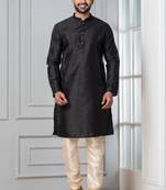 Black plain dupion silk kurta churidar set for festive, reception, weddings