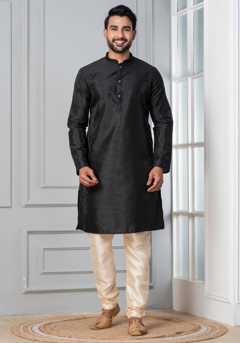 Black plain dupion silk kurta churidar set for festive, reception, weddings
