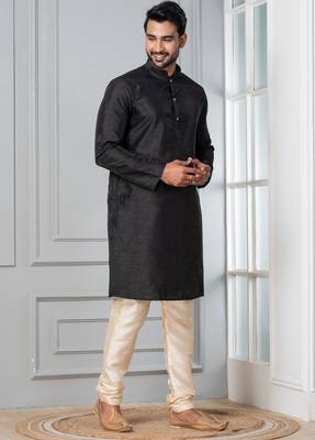 Black plain dupion silk kurta churidar set for festive, reception, weddings 2