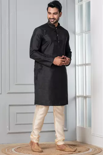 Black plain dupion silk kurta churidar set for festive, reception, weddings
