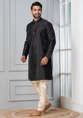 Black plain dupion silk kurta churidar set for festive, reception, weddings 3