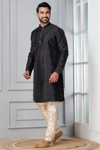 Black plain dupion silk kurta churidar set for festive, reception, weddings
