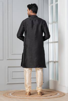 Black plain dupion silk kurta churidar set for festive, reception, weddings 4