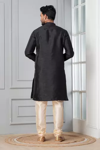 Black plain dupion silk kurta churidar set for festive, reception, weddings