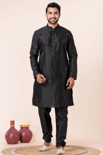 Black plain dupion silk kurta churidar set for festive, reception, weddings