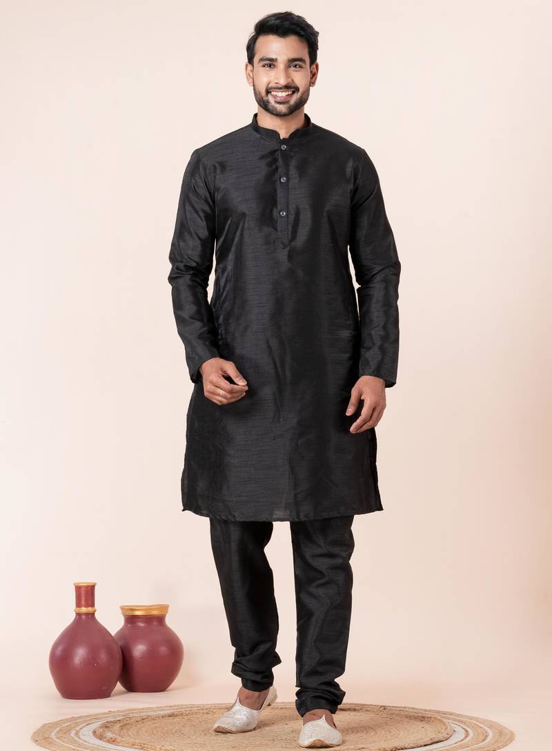 Black plain dupion silk kurta churidar set for festive, reception, weddings