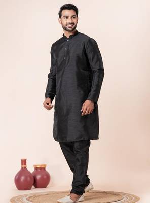 Black plain dupion silk kurta churidar set for festive, reception, weddings 3