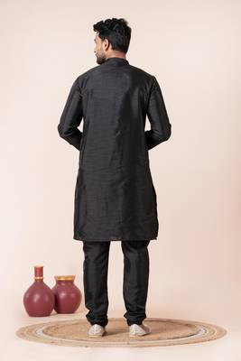 Black plain dupion silk kurta churidar set for festive, reception, weddings 4