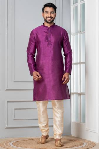 Purple plain dupion silk kurta for festive, reception, weddings