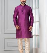 Purple plain dupion silk kurta for festive, reception, weddings