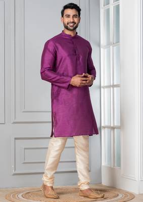 Purple plain dupion silk kurta for festive, reception, weddings 2