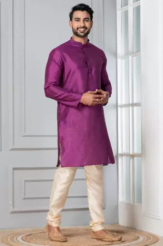 Purple plain dupion silk kurta for festive, reception, weddings