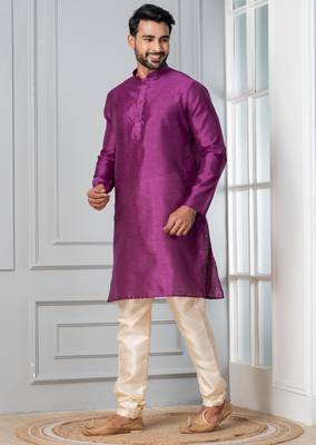 Purple plain dupion silk kurta for festive, reception, weddings 3