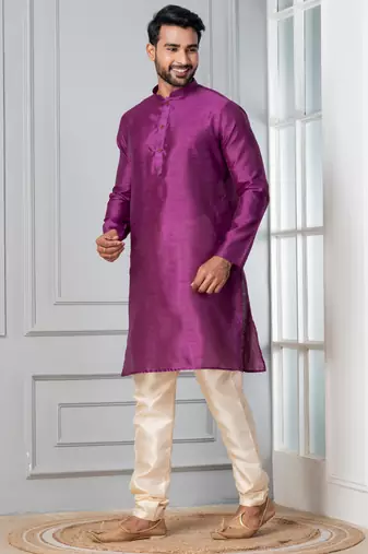 Purple plain dupion silk kurta for festive, reception, weddings