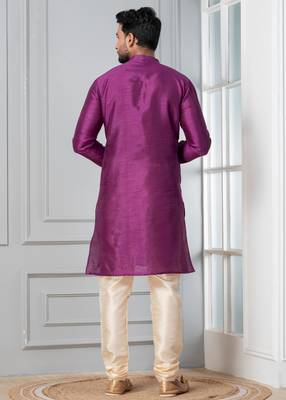 Purple plain dupion silk kurta for festive, reception, weddings 4