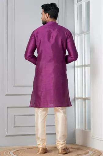 Purple plain dupion silk kurta for festive, reception, weddings