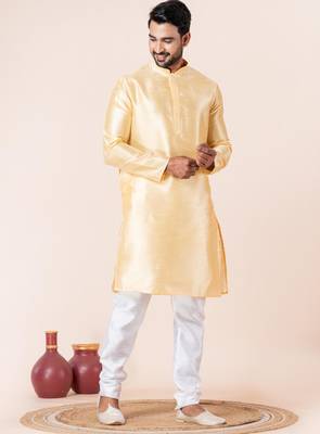 Yellow plain dupion silk kurta churidar set for festive, reception, weddings 2