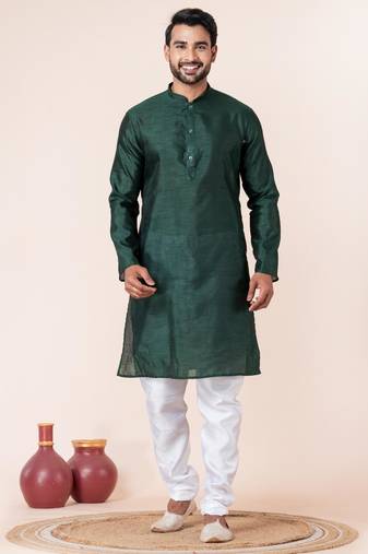 Dark green plain dupion silk kurta for festive, reception, weddings
