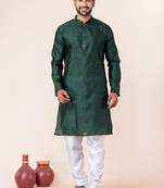 Dark green plain dupion silk kurta for festive, reception, weddings