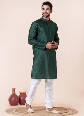 Dark green plain dupion silk kurta for festive, reception, weddings 2