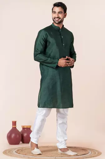 Dark green plain dupion silk kurta for festive, reception, weddings