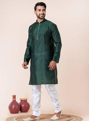 Dark green plain dupion silk kurta for festive, reception, weddings 3
