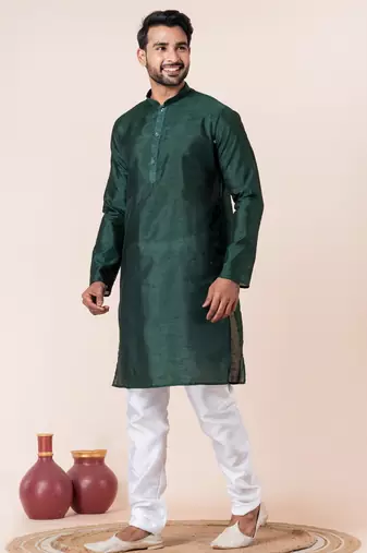 Dark green plain dupion silk kurta for festive, reception, weddings