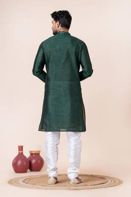 Dark green plain dupion silk kurta for festive, reception, weddings 4