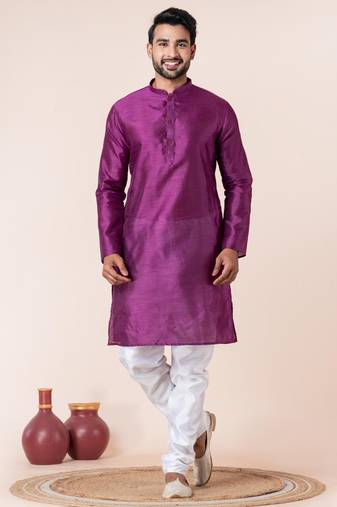 Purple plain dupion silk kurta churidar set for festive, reception, weddings