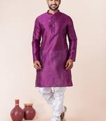 Purple plain dupion silk kurta churidar set for festive, reception, weddings