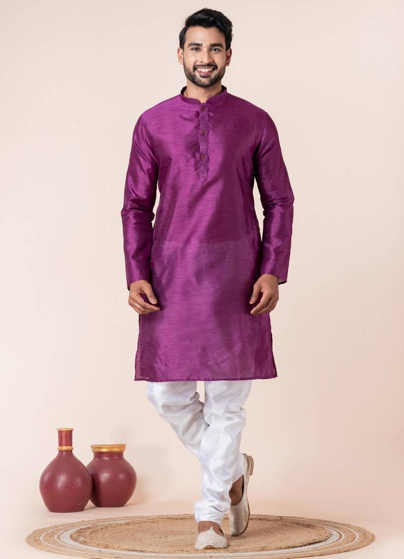 Purple plain dupion silk kurta churidar set for festive, reception, weddings
