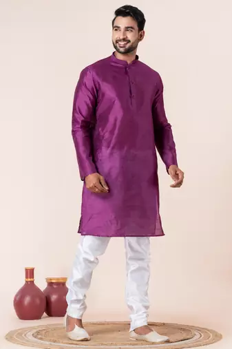 Purple plain dupion silk kurta churidar set for festive, reception, weddings