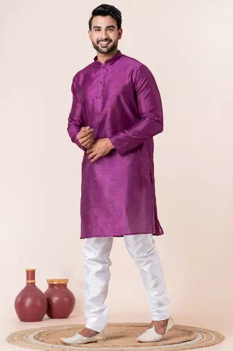 Purple plain dupion silk kurta churidar set for festive, reception, weddings