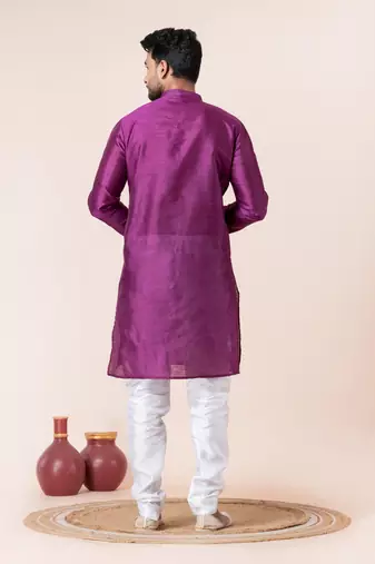 Purple plain dupion silk kurta churidar set for festive, reception, weddings