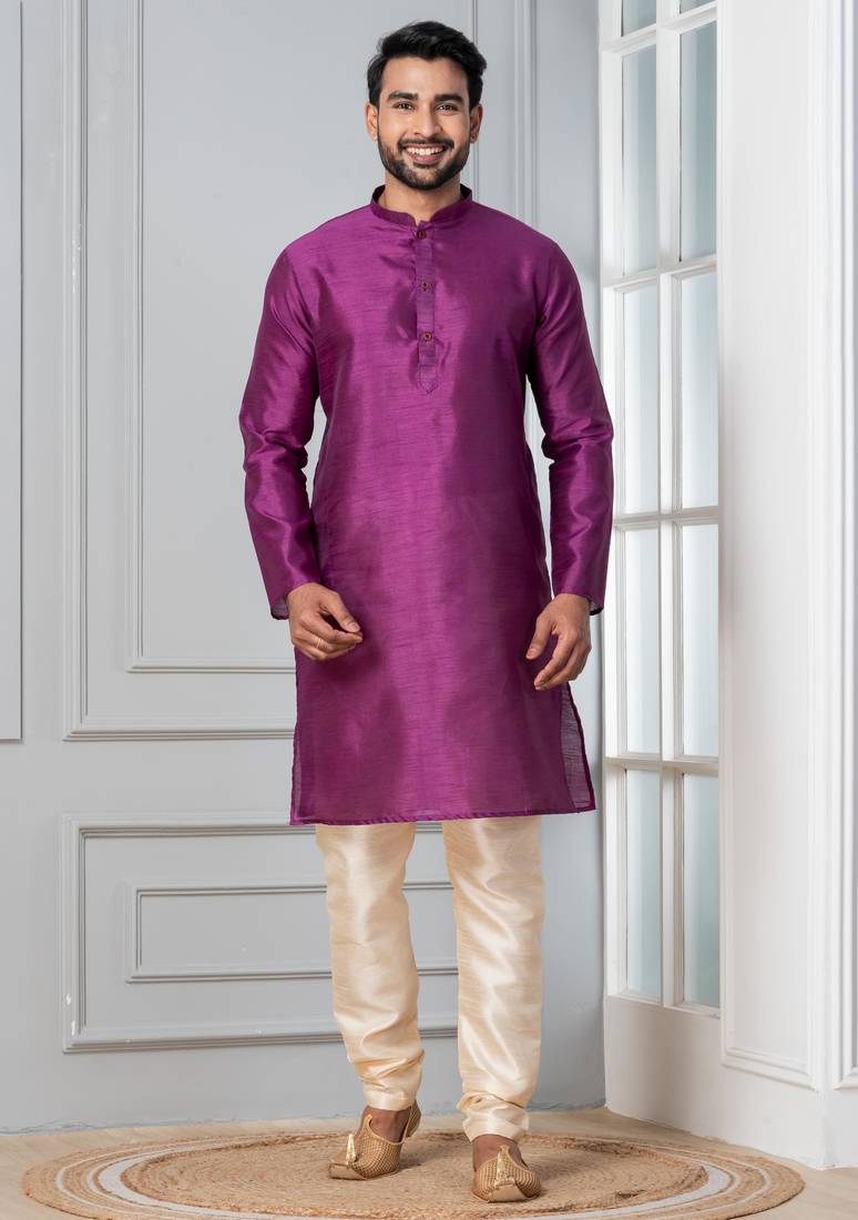 Purple plain dupion silk kurta churidar set for festive, reception, weddings