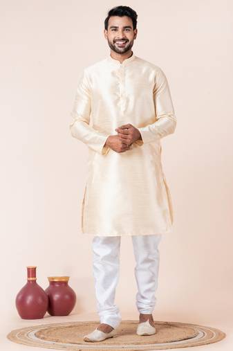 Beige plain dupion silk kurta for festive, reception, weddings