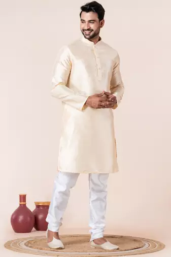 Beige plain dupion silk kurta for festive, reception, weddings