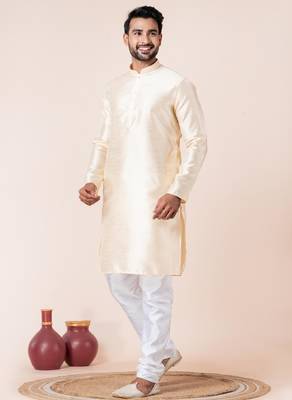 Beige plain dupion silk kurta for festive, reception, weddings 3