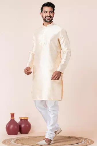 Beige plain dupion silk kurta for festive, reception, weddings