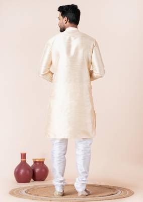 Beige plain dupion silk kurta for festive, reception, weddings 4