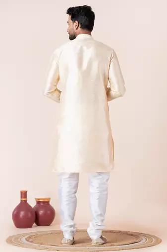 Beige plain dupion silk kurta for festive, reception, weddings