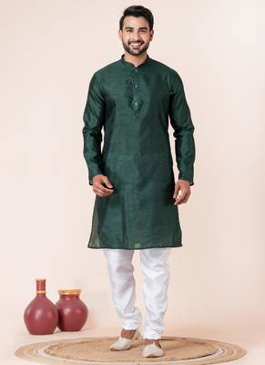 Dark green plain dupion silk kurta churidar set for festive, reception, weddings 1