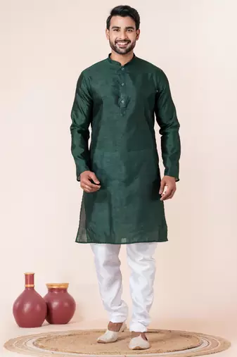 Dark green plain dupion silk kurta churidar set for festive, reception, weddings