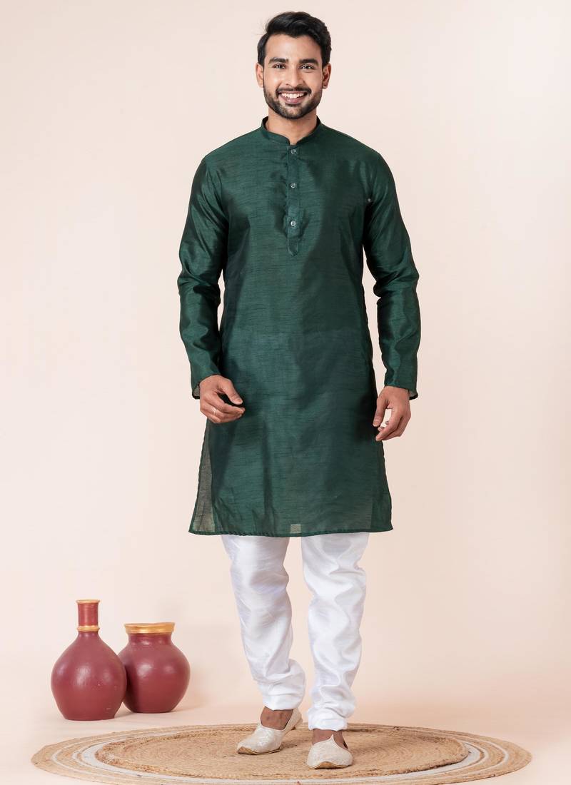 Dark green plain dupion silk kurta churidar set for festive, reception, weddings