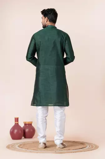 Dark green plain dupion silk kurta churidar set for festive, reception, weddings