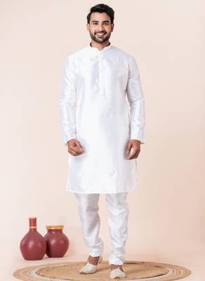 White plain dupion silk kurta for festive, reception, weddings 1