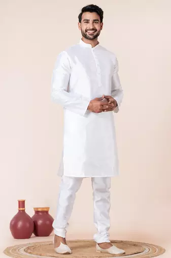 White plain dupion silk kurta for festive, reception, weddings