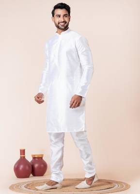 White plain dupion silk kurta for festive, reception, weddings 3