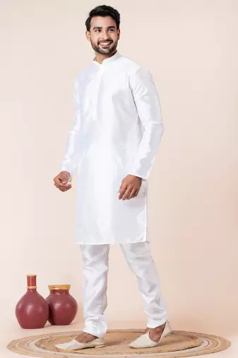 White plain dupion silk kurta for festive, reception, weddings