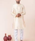 Beige plain dupion silk kurta churidar set for festive, reception, weddings